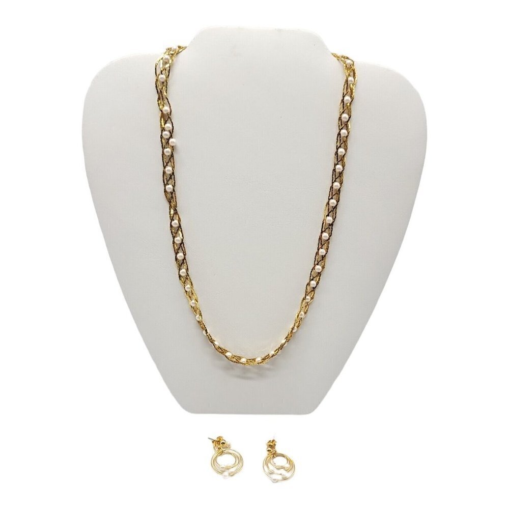 AVON Gold Chain Necklace Earrings Pearlesque Treasures Woven Braided Pearl 1994